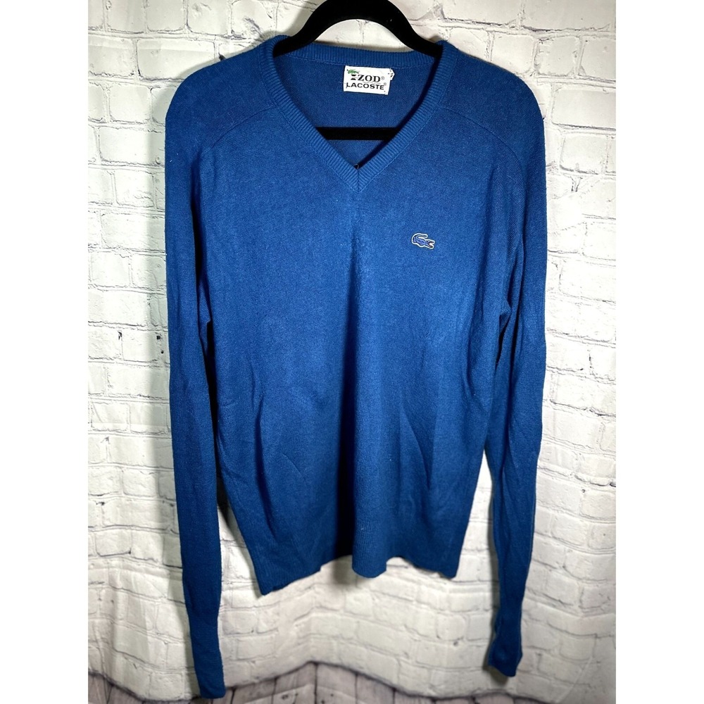 Vintage Izod Lacoste Mens V-Neck Sweater Royal Blue Crocodile Logo Size Medium